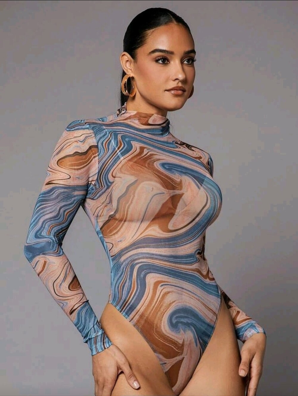 Elegant Marble Mock Neck High Cut Long Sleeve Sheer Bodysuit Top